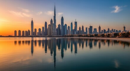 Obraz premium Modern city skyline at dusk with tall buildings reflecting in tranquil water bathed in gradient light from orange to blue
