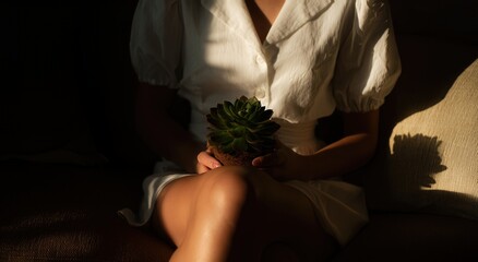 Torso-crop of a woman in a white short dress seated on a sofa, hands cradling a rosette succulent; golden-hour light and deep shadows add a cozy home mood with copy space.