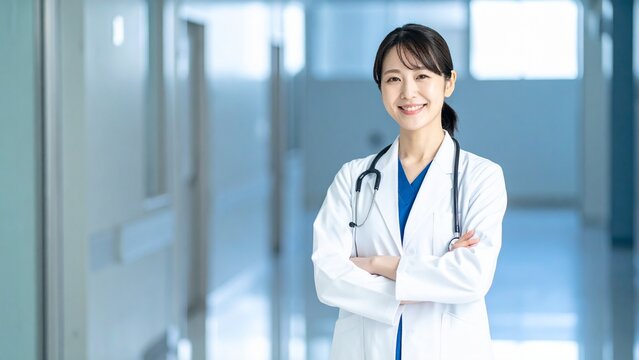 白衣を着た笑顔の女性医師のイメージ 背景素材 16:9サイズ AI生成素材
