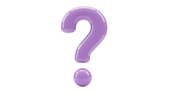 Glossy purple question mark isolated PNG, 3D rendering of punctuation symbol on transparent background for graphic design and educational use
