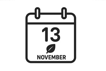 November 13 calendar icon. Autumn date symbol with leaf. Fall season schedule reminder vector illustration. Thirteenth day of month. Organizer, planner, agenda sign.