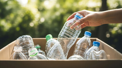 Hand placing plastic bottle into recycling bin outdoors