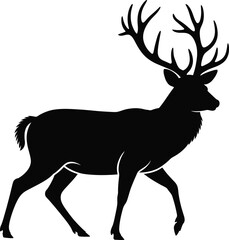 Elegant stag with large antlers in striking black silhouette on transparent background