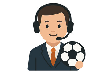 Football commentator character. Soccer sportscaster with headset and ball. Sports broadcast journalism concept. Flat vector illustration of a man announcer for a live game.