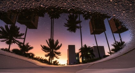 Puddle reflection mirrors an inverted sunset sky silhouetted palm trees and modern buildings framed by wet pavement and droplets