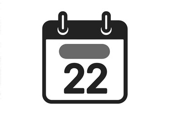 Calendar icon with number 22. Day twenty-two. Date and month symbol. Vector illustration for schedule, appointment, reminder, event. Planner, organizer, deadline concept.