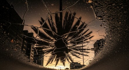 Reflection of a palm tree and structures in a cracked puddle on dark ground under a warm sky