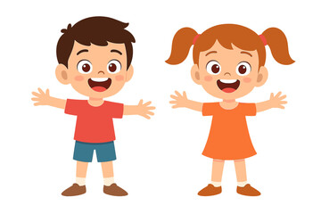 Happy kids boy and girl cartoon characters. Young joyful children couple smiling with open arms. Cute friendship concept vector illustration. Flat design avatars for kids.