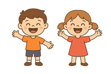 Happy kids boy and girl cartoon character vector. Young joyful children avatar flat design icon. Friendship and childhood happiness concept. Cute smiling kids isolated illustration.