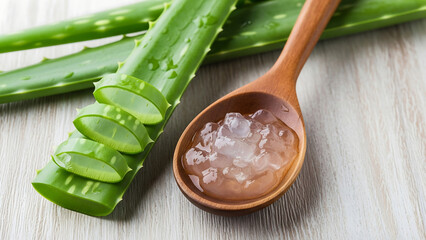 Fresh aloe vera gel and sliced plant
