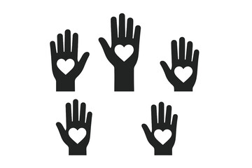Obraz premium Volunteer hands icon set with love heart. Raised hands for charity, donation, and community support. Vector illustration silhouette for voting, help, and participation concept.