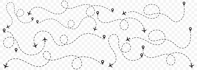 Airplane route vector set: dotted flight path illustration - downloadable graphics for travel and navigation designs on Transparent Background. EPS 10.