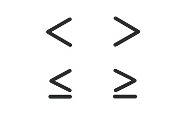 Inequality math signs vector icon set. Less than, greater than or equal to symbols. Mathematical comparison, logic, algorithm symbols. Minimalistic flat design element.