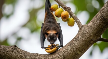 Close-up of a large fruit bat, also known as a flying , hanging upside down from a tree branch and intently eating a ripe tropical fruit in its natural habitat.