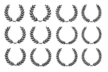 Set of black laurel wreath vector icons. Collection of circular foliate wreaths for award, victory, quality seal, and certificate design. Symbol of honor, achievement, nobility.