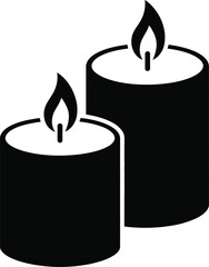 Two black candles with glowing flames on transparent background silhouette