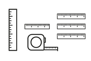 Measuring scale vector icon set. Ruler and tape measure line art symbols. Measurement equipment for length, distance, size. School, engineering, construction tool. Precision accuracy.