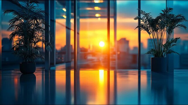 Modern interior with large windows overlooking a vibrant city sunset, featuring two potted plants and reflective floors.