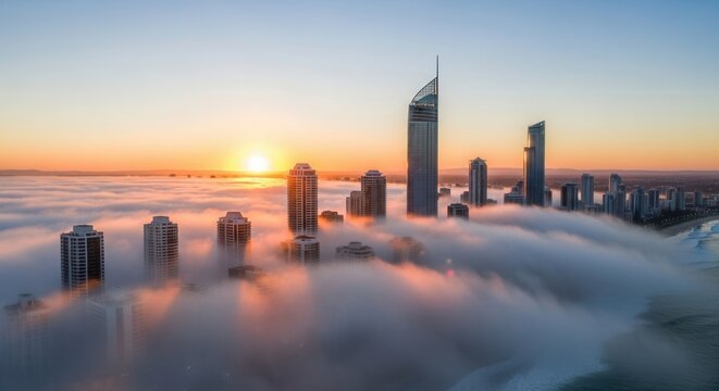 Sunrise illuminates a city skyline where towering buildings pierce through a dense golden-orange cloud inversion Ocean waves meet the fog-covered coast - Powered by Adobe