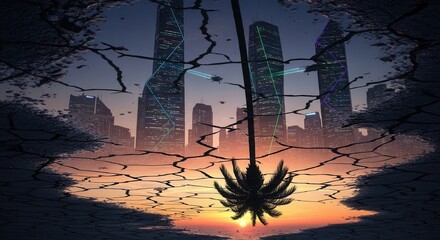 Sunset city skyline with neon-lit towers hovering craft and palm tree reflection in cracked terrain