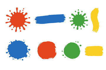 Colorful vector collection of paint splatters, grunge brush strokes, and ink stains. Set of abstract artistic design elements, splashes, circle frames, and hand-drawn banners.