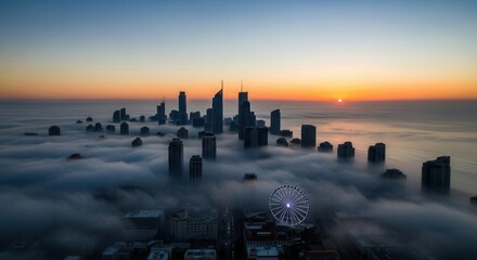Sunrise over a modern city with numerous tall buildings rising above a dense cloud inversion A prominent illuminated Ferris wheel is visible in the foreground