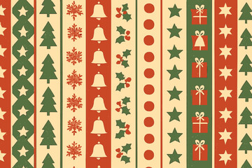 Retro Christmas seamless stripe pattern. Vintage holiday wrapping paper design with vertical lines. Festive background with fir tree, snowflake, bell, holly, star, and gift.