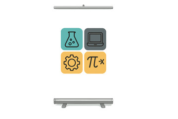 STEM vector icon set on roll-up banner. Science, technology, engineering, math symbols. Education concept. Lab flask, laptop, gear, pi sign. Isolated illustration.