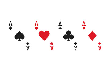 Obraz premium Four aces playing cards vector illustration. Poker hand, four of a kind. Casino gambling and gaming concept. Hearts, spades, diamonds, clubs suits. Luck, win, jackpot. Isolated.