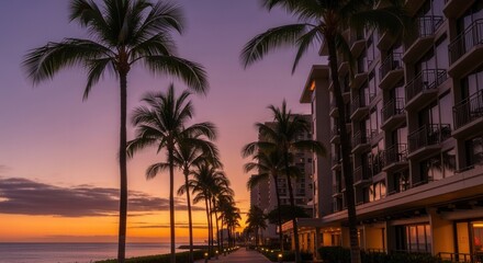 Tropical pathway lined with palm trees and an illuminated building at sunset The ocean reflects the orange and purple sky