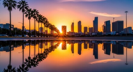 Urban skyline at dusk sunburst palm trees building reflections in street water