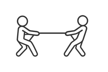 Tug of war vector icon. Two stick figures pulling a rope in opposite directions. Concept of competition, conflict, struggle, opposition, strength, and business rivalry.