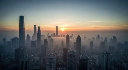 Fototapeta premium Urban skyline at twilight featuring skyscrapers through mist under a warm gradient sky