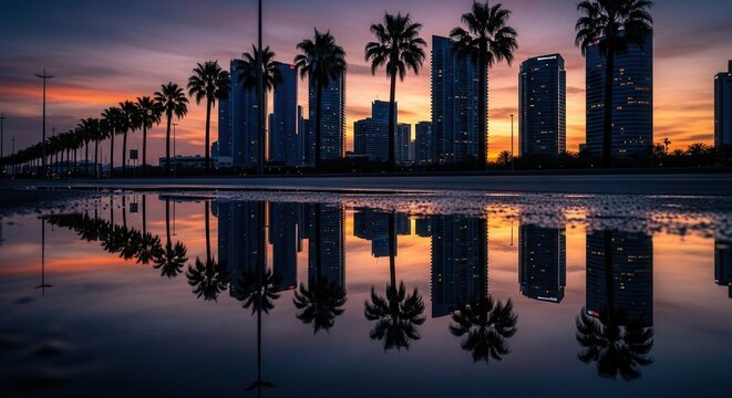 Urban skyline at sunset with tall buildings and palm trees reflected in a foreground puddle displaying warm sky colors