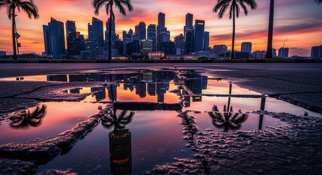 Urban skyline at dusk tall buildings and palm trees reflected in cracked street puddles under a colorful sky - Powered by Adobe