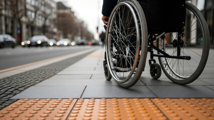 Person in wheelchair on city sidewalk with tactile paving