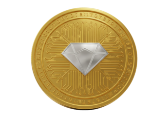 Gold cryptocurrency coin with diamond isolated on transparent PNG, digital currency for finance and investment