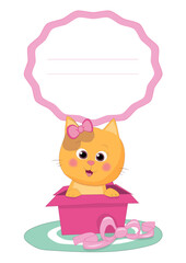 Cute cartoon kitten with a pink bow peeks out of a gift box on a teal mat, surrounded by soft pastel colors and a pink label frame, perfect for a girl’s greeting card design.
