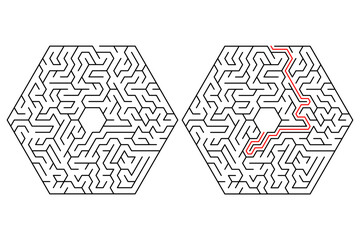 Vector Hexagonal delta maze or labyrinth game with Included Solution. New idea find, creative maze puzzle