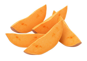 Fresh sweet potato wedges isolated PNG, orange vegetable slices for healthy eating and cooking ingredients on transparent background