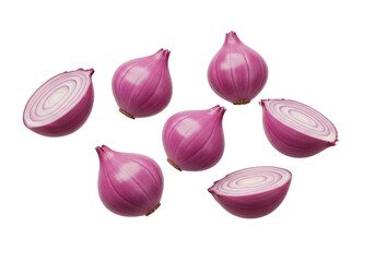 Fresh red shallots isolated PNG, whole and halved onions on transparent background for cooking and healthy eating