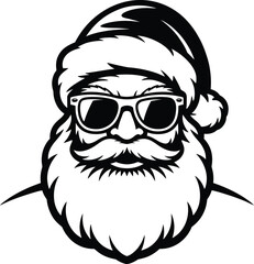 Cool santa claus head with sunglasses black and white on transparent background silhouette