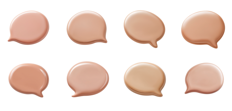 Foundation cream bubble speech. Set of 3d shaped tinted moisturiser textures. Isolated design elements on transparent background