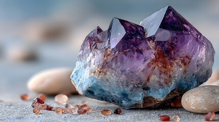 A close-up captures the striking beauty of a large amethyst crystal cluster, displaying its rich purple hues amidst a scatte of small stones and pebbles around it.