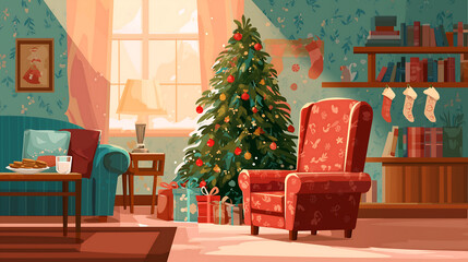 Obraz premium Christmas living room illustration with tree gifts and cozy armchair