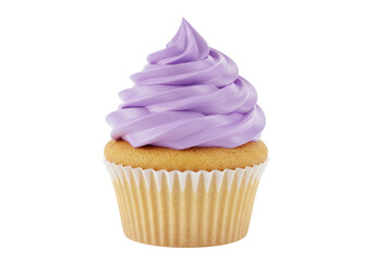 Delicious vanilla cupcake with purple frosting isolated, sweet dessert for birthday party and celebration
