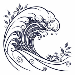 Fototapeta premium Ornate Wave Illustration with Floral Accents in Dark Blue