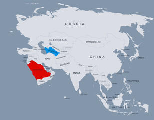 Detailed Map of Turkmenistan and Saudi Arabia with Borders and Cities
