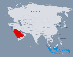 Indonesia and Saudi Arabia Highlighted on Asia Map Showing Borders and Locations