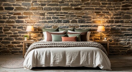 Naklejka premium Cozy Rustic Bedroom with Natural Stone Wall, Layered Bedding, and Warm Ambient Lighting